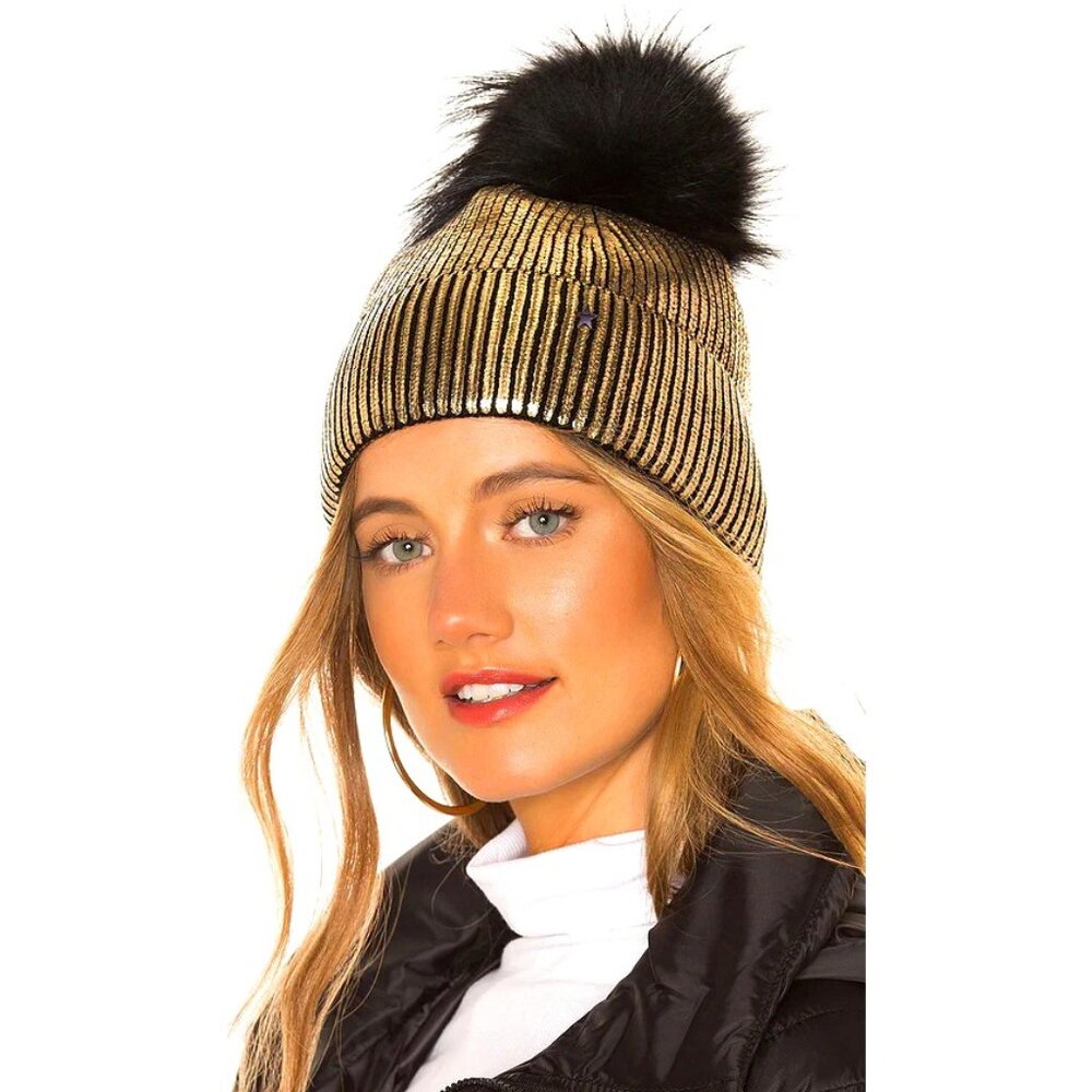 💖HOT ITEM💖 Revolve Jocelyn Genuine Silver Fox Fur Pom Beanie in Metallic Gold